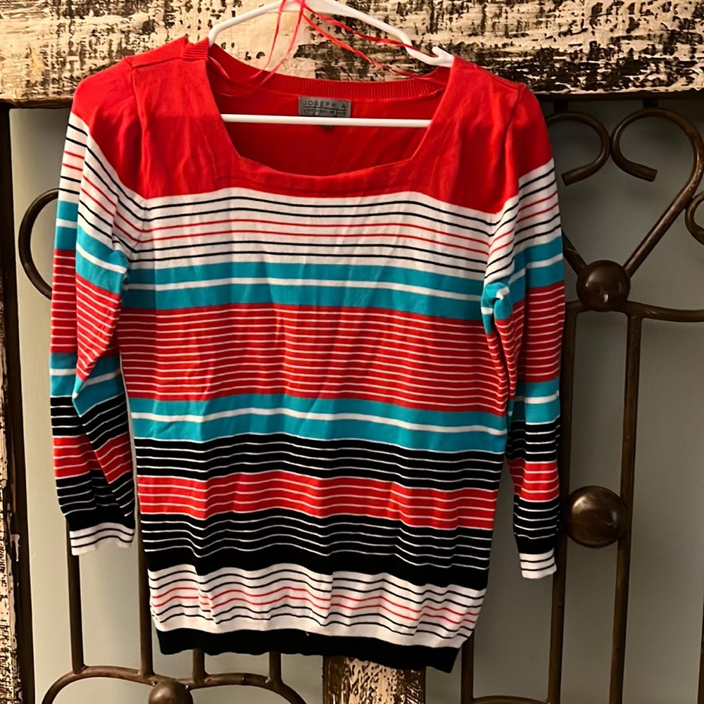 Joseph A. Women’s S. Red-Black-Teal-White Striped Cardigan.